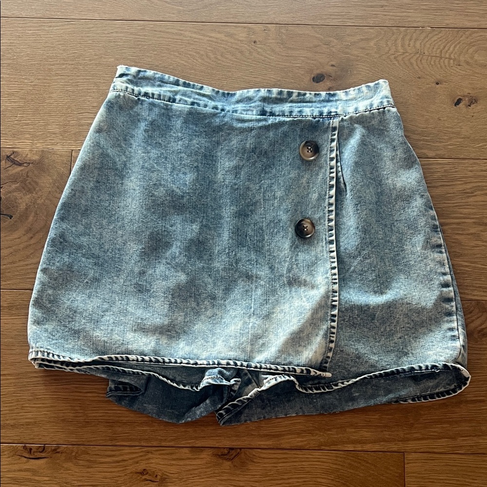 Elastic Waist Acid Wash Denim Skort - Blue